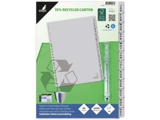 Kangaro KTC Tabblad ECO Kangaro A4 letters 180 grams grijs karton       23-gaats 12-delig jan -dec