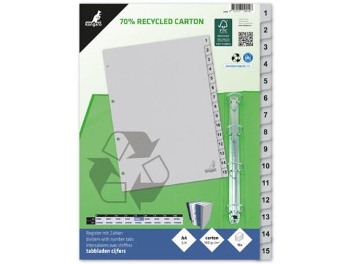 Kangaro KTC Tabblad ECO Kangaro A4 cijfers 180 grams grijs karton       4-gaats 15-delig