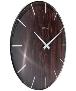 Wandklok Ø 35 cm. Met gebold glazen plaat. Naturel donkerbruine houten look. Stil uurwerk. Deze klok werkt op 1 AA batterij (niet bijgeleverd).