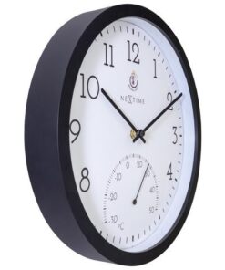 5 cm) buitenklok verteld meer dan alleen de tijd. Deze wandklok heeft namelijk ook een thermometer op de index welke de temperatuur in Celsius weergeeft. Deze klok heeft subtiele zwarte rand met een witte wijzerplaat met een duidelijke cijfer en streep index. Het gebruik van extra rubberen ringen om te voorkomen dat het water de kwetsbare delen van de klok bereikt