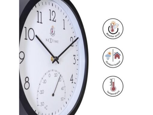 Buitenklok Nextime dia 30.5cm Marigold met temperatuur      cijfers, zwarte rand witte wijzerplaat plastic