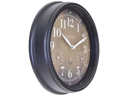 Buitenklok Nextime dia 23,5 cm Jasmine met thermo- en       hydrometer cijfers, zwarte rand kopere wijzerplaat plastic