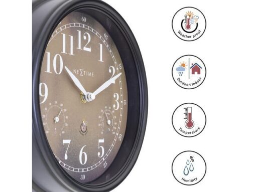 Buitenklok Nextime dia 23,5 cm Jasmine met thermo- en       hydrometer cijfers, zwarte rand kopere wijzerplaat plastic