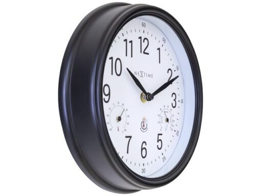 Buitenklok Nextime dia 23,5cm Jasmine met thermo- en        hydrometer cijfers, zwarte rand witte wijzerplaat plastic