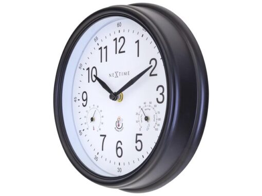 Buitenklok Nextime dia 23,5cm Jasmine met thermo- en        hydrometer cijfers, zwarte rand witte wijzerplaat plastic