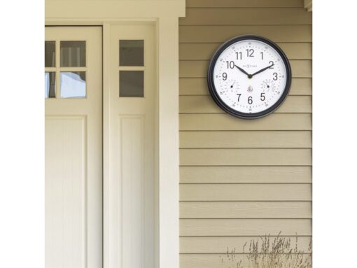 Buitenklok Nextime dia 23,5cm Jasmine met thermo- en        hydrometer cijfers, zwarte rand witte wijzerplaat plastic