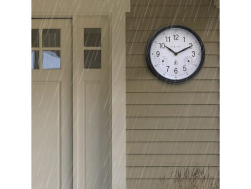 Buitenklok Nextime dia 23,5cm Jasmine met thermo- en        hydrometer cijfers, zwarte rand witte wijzerplaat plastic