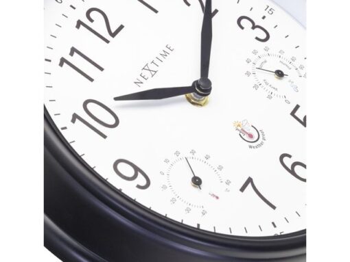 Buitenklok Nextime dia 23,5cm Jasmine met thermo- en        hydrometer cijfers, zwarte rand witte wijzerplaat plastic