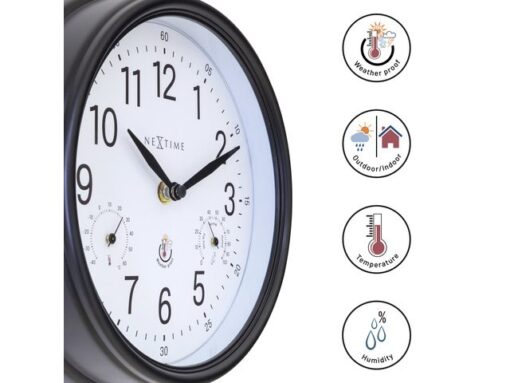 Buitenklok Nextime dia 23,5cm Jasmine met thermo- en        hydrometer cijfers, zwarte rand witte wijzerplaat plastic