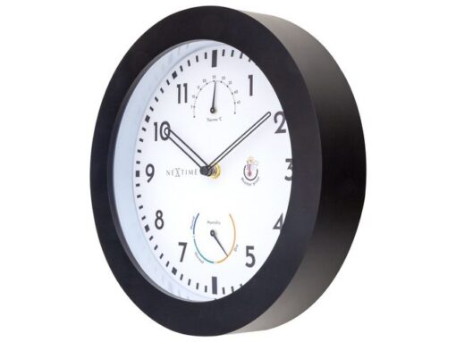 Buitenklok Nextime dia 25,5cm Daisy met thermo- en          hydrometer cijfers, zwarte rand witte wijzerplaat plastic