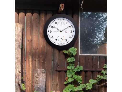 Buitenklok Nextime dia 25,5cm Daisy met thermo- en          hydrometer cijfers, zwarte rand witte wijzerplaat plastic