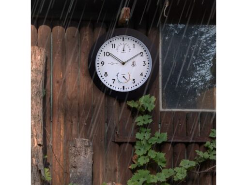Buitenklok Nextime dia 25,5cm Daisy met thermo- en          hydrometer cijfers, zwarte rand witte wijzerplaat plastic
