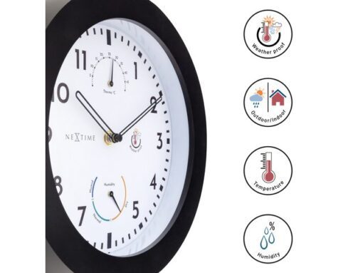 Buitenklok Nextime dia 25,5cm Daisy met thermo- en          hydrometer cijfers, zwarte rand witte wijzerplaat plastic