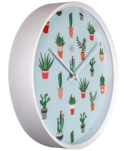 Wandklok kunststof Ø 30 cm. Cactus opdruk op een lichtgroene wijzerplaat. Stil wit uurwerk. Deze klok werkt op 1 AA batterij (niet bijgeleverd).