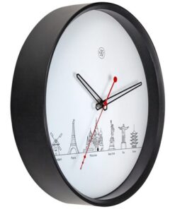 De nXt "Worldtour" is een moderne ronde wandklok (30cm). De plastic klok heeft een zwarte kast en een witte wijzerplaat met belangrijke hoogtepunten uit verschillende steden ter wereld. De klok heeft een moderne uitstraling door de open wijzers en een mooie rode secondewijzer. Deze klok is stil en werkt op 1 AA-batterij (niet inbegrepen).