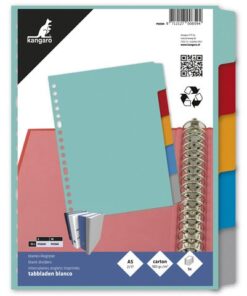 waardoor deze voor iedere vrije indeling te gebruiken zijn. De bladen en tabs zijn beschrijfbaar en worden per set in assorti kleuren geleverd. Per set verpakt in een krimp. A5. 5-delig. 17-gaats.