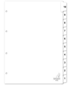 Kangaro tabbladen A4 van wit karton 190 grams. De witte afgeronde tabs zijn tweezijdig zwart bedrukt met cijfers 1-10 en op de achterzijde 10-1. De tabs en de ponsgaten zijn met glashelder kunststof (mylar) versterkt. Deze indeling zorgt voor prettig en gemakkelijk archiveren. Draai de set Kangaro tabbladen om en archiveer van onder naar boven en je hebt de recente documenten bovenop liggen. Per set verpakt in een krimp. A4. 4-rings. 10- delig.