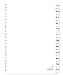 Kangaro tabbladen van een mooie kwaliteit wit karton 190 grams. De witte afgeronde tabs zijn tweezijdig zwart bedrukt met letters. De tabs en de ponsgaten zijn met glashelder kunststof (mylar) versterkt. Per set verpakt in een krimp. - met jaarindeling jan - dec R = Reverse dec - jan. A4.
