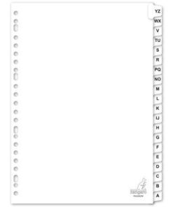 Kangaro tabbladen A4 van wit karton 190 grams. De witte afgeronde tabs zijn tweezijdig zwart bedrukt met letters A-Z en op de achterzijde Z-A. De tabs en de ponsgaten zijn met glashelder kunststof (mylar) versterkt. Per set verpakt in een krimp. A4. 23-rings. Deze indeling zorgt voor prettig en gemakkelijk archiveren. Draai de set Kangaro tabbladen om en archiveer van onder naar boven en je hebt de recente documenten bovenop liggen.