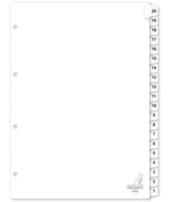 Kangaro tabbladen van een mooie kwaliteit wit karton 190 grams. De witte afgeronde tabs zijn tweezijdig zwart bedrukt met cijfers. De tabs en de ponsgaten zijn met glashelder kunststof (mylar) versterkt. Per set verpakt in een krimp. A4. 4-gaats. 20 delig.