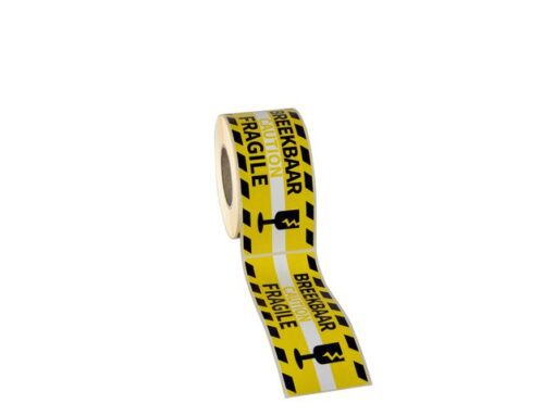 Gevaaretiket Raadhuis 46x125mm rol 250 stuks Fragile        caution EN/NL geel