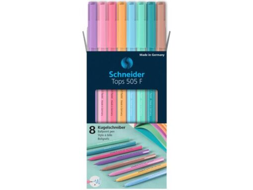 Balpen Schneider Tops 505 F set 8 stuks pastel,             blauwschrijvend