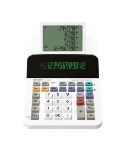 dat een unieke combinatie van print- en desktopcalculator biedt. De combinatie van een 12-cijferig scherm en een 5-regelig LCD-scherm stelt u in staat om uzelf los te maken van traditioneel papier en terug te scrollen tot 300 stappen terug. Deze rekenmachine is absoluut stil en ecologisch dankzij de afwezigheid van een drukmechanisme. Andere functies zijn kosten/verkoop/opbrengst
