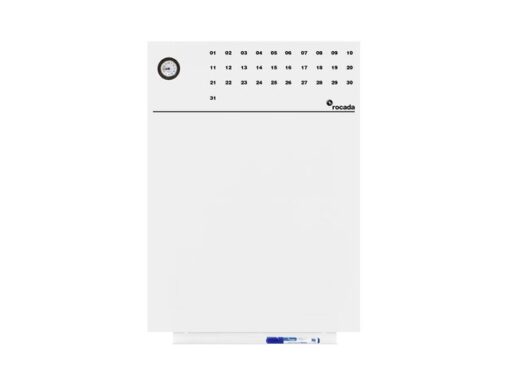 Whiteboard Rocada Skinclock 55x75cm wit gelakt met klok en  kalender inclusief pennegoot