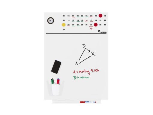 Whiteboard Rocada Skinclock 55x75cm wit gelakt met klok en  kalender inclusief pennegoot