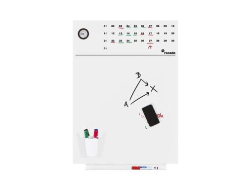 Whiteboard Rocada Skinclock 55x75cm wit gelakt met klok en  kalender inclusief pennegoot