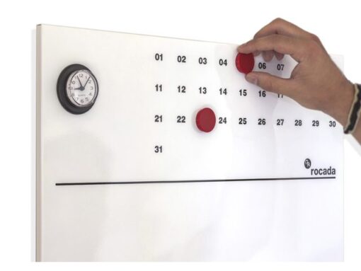 Whiteboard Rocada Skinclock 55x75cm wit gelakt met klok en  kalender inclusief pennegoot