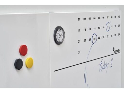 Whiteboard Rocada Skinclock 55x75cm wit gelakt met klok en  kalender inclusief pennegoot