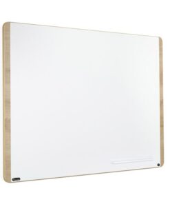 2 cm. Kleur bord wit melamine (RAL9003) met gelakt eiken randafwerking. Dankzij de magnetische bevestiging kan het bord zowel verticaal als horizontaal geplaatst worden. Bord is magnetisch en te beschrijven met whiteboard markers; het oppervlak is droog uitwisbaar. Maak het nooit schoon met alcohol of schurende producten