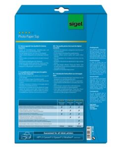 InkJet Top-fotopapier. 3C = rondom glad voorgesneden met EasyPhotoPrint software. Randloos afdrukken. Perfect gesatineerde look. afdrukken zien eruit alsof ze uit het fotolaboratorium komen. Hoge lichtbestendigheid. Geschikt voor alle inkjetprinters. Tweezijdig hoogglans. Hoogwit. Tweezijdig te bedrukken. 190 g. Formaat A4. Inhoud 20 vel.