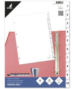 Kangaro tabbladen wit PP 120 micron. De tabs zijn éénzijdig zwart bedrukt met cijfers 1-10. Per set verpakt in een krimp. A4. 4-gaats.