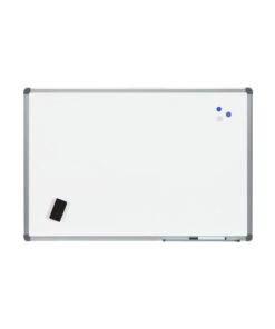 PVC hoekbeschermers en gegalvaniseerde achterkant. Het bord is magnetisch en het beste te beschrijven met whiteboardmarkers of krijtmarkers; het oppervlak is droog uitwisbaar. Maak het nooit schoon met alcohol of schurende producten