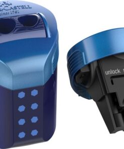 De dubbele puntenslijper RollOn Sparkle met opvangbakje is voorzien van een rolmechanisme dat voorkomt dat het slijpafval eruit valt. Geschikt voor grafiet- en kleurpotloden in standaard en jumbo-uitvoering. De bijzonder lange en stabiele potloodgeleider zorgt voor optimale slijpresultaten. De puntenslijper is duurzaam doordat de puntenslijper in de houder vervangen kan worden. De mesjes zijn voorzien van een veiligheidsschroef. Een kwaliteitsslijper voor eenvoudig en schoon slijpen. Display met 6 stuks assorti kleuren midnight black en deep blue.