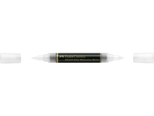 Aquarelmarker Albrecht Dürer Blender, kleur 200, kleurloos. Ideaal voor het mengen van de kleuren van gepigmenteerde aquarelinkten. Kan ook worden gebruikt in combinatie met de Albrecht Dürer aquarelpotloden. De marker heeft twee penpunten: Een penseelpunt en een vezelpunt, dit biedt de kunstenaar veel flexibiliteit in de persoonlijke tekenstijl. De penseelpunt is zacht en flexibel en door de richting van de punt op het papier te veranderen kan je met lijndiktes eindeloos variëren. De vezelpunt is uitermate geschikt voor wat meer gedetailleerd werk, de lijndikte is 1-2mm afhankelijk van de tekenhoek. De blender marker komt het beste tot zijn recht als je gebruik maakt van aquarelpapier.