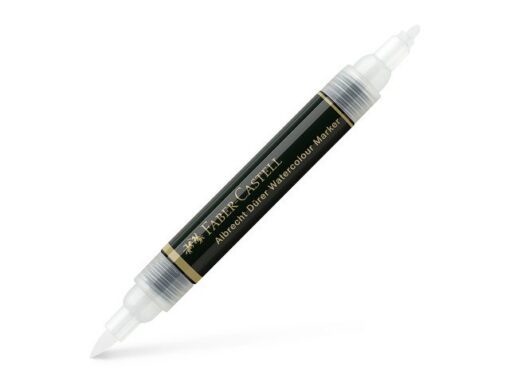 Aquarelmarker Albrecht Dürer Blender, kleur 200, kleurloos. Ideaal voor het mengen van de kleuren van gepigmenteerde aquarelinkten. Kan ook worden gebruikt in combinatie met de Albrecht Dürer aquarelpotloden. De marker heeft twee penpunten: Een penseelpunt en een vezelpunt, dit biedt de kunstenaar veel flexibiliteit in de persoonlijke tekenstijl. De penseelpunt is zacht en flexibel en door de richting van de punt op het papier te veranderen kan je met lijndiktes eindeloos variëren. De vezelpunt is uitermate geschikt voor wat meer gedetailleerd werk, de lijndikte is 1-2mm afhankelijk van de tekenhoek. De blender marker komt het beste tot zijn recht als je gebruik maakt van aquarelpapier.