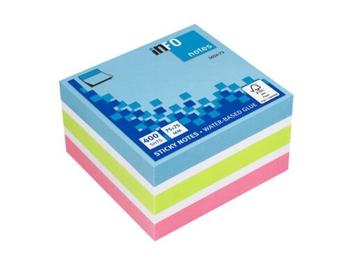 Info Notes 75x75mm 400 vel voordeelpak 100x briljant blauw  50x wit 100x briljant groen 50 x wit 100x briljant roze