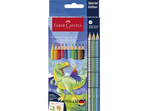 Kleurpotlood Faber-Castell Grip Dino 10 colour grip + 3     metallic grip incl. dino stickers in  karton etui
