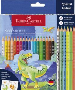 Kleurpotlood Faber-Castell Grip Dino 18 colour grip + 6     metallic grip incl. dino stickers in  karton etui