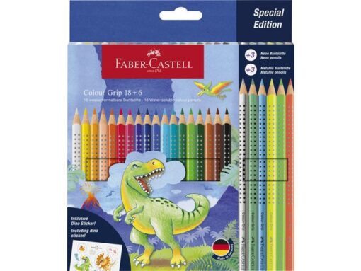 Kleurpotlood Faber-Castell Grip Dino 18 colour grip + 6     metallic grip incl. dino stickers in  karton etui