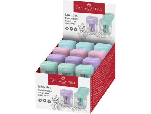 Puntenslijper Faber-Castell mini assorti display 24 stuks   6x blauw,6x roze, 6x paars, 6x turquoise
