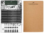 Set Pitt Artist Pen fineliners + schetsboek. De Pitt Artist Pen fineliners zijn ideaal voor schetsen, studeren en inkttekeningen. En ook uitermate geschikt voor handlettering. De lichtbestendigheid is hoog en is in elke kleur met een sterretje voorzien: *** zeer goed LB / ** goed LB. / * voldoende LB. De pen heeft een lange levensduur en hoog comfort met een vormvaste punt. De gepigmenteerde inkt is sneldrogend, permanent, reukloos, zuurvrij en  pH-neutraal. De inkt bloedt niet door papier. Het schetsboek heeft een kraft kaft en bestaat uit 40 pagina's 140 grams , natuurlijk wit papier met afgeronde hoeken. Inhoud set schetsboek en 8 Pitt Artist Pen fineliners  XXS, XS, S, F, M, 1.5, B, FM in zwart kleur 199.