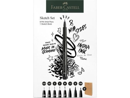 Set Pitt Artist Pen fineliners + schetsboek. De Pitt Artist Pen fineliners zijn ideaal voor schetsen, studeren en inkttekeningen. En ook uitermate geschikt voor handlettering. De lichtbestendigheid is hoog en is in elke kleur met een sterretje voorzien: *** zeer goed LB / ** goed LB. / * voldoende LB. De pen heeft een lange levensduur en hoog comfort met een vormvaste punt. De gepigmenteerde inkt is sneldrogend, permanent, reukloos, zuurvrij en  pH-neutraal. De inkt bloedt niet door papier. Het schetsboek heeft een kraft kaft en bestaat uit 40 pagina's 140 grams , natuurlijk wit papier met afgeronde hoeken. Inhoud set schetsboek en 8 Pitt Artist Pen fineliners  XXS, XS, S, F, M, 1.5, B, FM in zwart kleur 199.