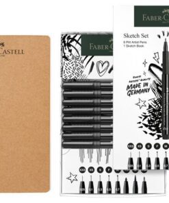 Set Pitt Artist Pen fineliners + schetsboek. De Pitt Artist Pen fineliners zijn ideaal voor schetsen, studeren en inkttekeningen. En ook uitermate geschikt voor handlettering. De lichtbestendigheid is hoog en is in elke kleur met een sterretje voorzien: *** zeer goed LB / ** goed LB. / * voldoende LB. De pen heeft een lange levensduur en hoog comfort met een vormvaste punt. De gepigmenteerde inkt is sneldrogend, permanent, reukloos, zuurvrij en  pH-neutraal. De inkt bloedt niet door papier. Het schetsboek heeft een kraft kaft en bestaat uit 40 pagina's 140 grams , natuurlijk wit papier met afgeronde hoeken. Inhoud set schetsboek en 8 Pitt Artist Pen fineliners  XXS, XS, S, F, M, 1.5, B, FM in zwart kleur 199.