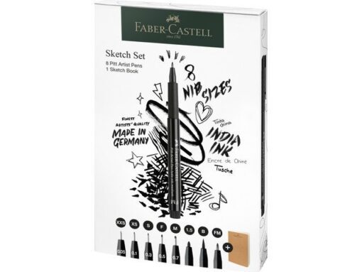 Set Pitt Artist Pen fineliners + schetsboek. De Pitt Artist Pen fineliners zijn ideaal voor schetsen, studeren en inkttekeningen. En ook uitermate geschikt voor handlettering. De lichtbestendigheid is hoog en is in elke kleur met een sterretje voorzien: *** zeer goed LB / ** goed LB. / * voldoende LB. De pen heeft een lange levensduur en hoog comfort met een vormvaste punt. De gepigmenteerde inkt is sneldrogend, permanent, reukloos, zuurvrij en  pH-neutraal. De inkt bloedt niet door papier. Het schetsboek heeft een kraft kaft en bestaat uit 40 pagina's 140 grams , natuurlijk wit papier met afgeronde hoeken. Inhoud set schetsboek en 8 Pitt Artist Pen fineliners  XXS, XS, S, F, M, 1.5, B, FM in zwart kleur 199.