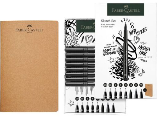 Set Pitt Artist Pen fineliners + schetsboek. De Pitt Artist Pen fineliners zijn ideaal voor schetsen, studeren en inkttekeningen. En ook uitermate geschikt voor handlettering. De lichtbestendigheid is hoog en is in elke kleur met een sterretje voorzien: *** zeer goed LB / ** goed LB. / * voldoende LB. De pen heeft een lange levensduur en hoog comfort met een vormvaste punt. De gepigmenteerde inkt is sneldrogend, permanent, reukloos, zuurvrij en  pH-neutraal. De inkt bloedt niet door papier. Het schetsboek heeft een kraft kaft en bestaat uit 40 pagina's 140 grams , natuurlijk wit papier met afgeronde hoeken. Inhoud set schetsboek en 8 Pitt Artist Pen fineliners  XXS, XS, S, F, M, 1.5, B, FM in zwart kleur 199.