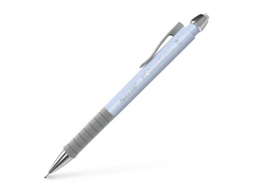 Vulpotlood Apollo met een ergonomische gripzone voor plezierig en comfortabel schrijven en schetsen en geschikt voor het tekenen in sjablonen. Voorzien van een geïntegreerde gum. Met intrekbare veerbelaste stift, daardoor breukvast. Lijndikte 0,7mm. Houderkleur sky blue.